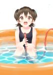  1girl :d akagi_miria bandai_namco bangs bare_arms bare_legs bare_shoulders between_legs black_swimsuit blush brown_eyes brown_hair caustics collarbone eyebrows_visible_through_hair flat_chest foreshortening furururu hair_between_eyes holding holding_hose hose idolmaster idolmaster_cinderella_girls knees_up looking_at_viewer one-piece_swimsuit open_mouth partially_submerged round_teeth school_swimsuit short_hair smile solo squatting swimsuit tareme teeth two_side_up wading_pool water water_drop wet white_background 