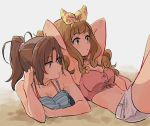  2girls arms_behind_head bikini_top bow breasts brown_hair casual cleavage green_eyes hair_bow hibike!_euphonium long_hair lying medium_breasts midriff monsieur multiple_girls nakagawa_natsuki navel on_stomach ponytail shorts sitting violet_eyes white_shorts yellow_bow yoshikawa_yuuko 