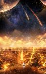  1girl brown_hair city city_lights cityscape clouds comet czy_(2894456992) dark grass highres horizon light_particles long_hair moon nebula original scenery signature skirt solo space white_legwear 