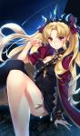  1girl arm_support bangs bare_legs black_dress black_legwear blonde_hair blush bow breasts cape chocolate chocolate_heart clenched_teeth dress earrings ereshkigal_(fate/grand_order) eyebrows_visible_through_hair falling_star fate/grand_order fate_(series) hair_bow hair_ribbon heart highres jewelry knee_up long_hair looking_at_viewer night night_sky open_mouth outdoors pantsu_(lootttyyyy) parted_bangs purple_bow purple_cape raised_eyebrows red_cape red_eyes red_ribbon ribbon short_dress single_thighhigh sitting skull sky small_breasts solo star_(sky) starry_sky strapless strapless_dress teeth thigh-highs tiara tohsaka_rin twintails very_long_hair 