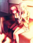  2girls :d blush brown_hair couch hands_clasped loafers long_hair multiple_girls open_mouth pantyhose ponytail ruby_rose rwby shoes short_hair smile suname weiss_schnee white_hair 