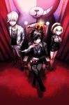  1girl 2boys absurdres ahoge arms_behind_back asano_misaki_(dangan_ronpa) black_hair black_shirt black_suit blonde_hair blue_eyes bob_cut crown curtains dangan_ronpa dangan_ronpa_gaiden:_killer_killer diffraction_spikes formal from_above fujigawa_shuuji full_body hands_in_pockets headband highres hijirihara_takumi jacket knife looking_at_viewer monokuma multiple_boys official_art pants red_carpet red_eyes sanpaku sasami_(ki) shirt short_hair skirt_suit smile suit throne v-neck violet_eyes white_hair white_jacket white_pants worried 