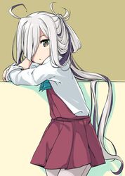  10s 1girl against_wall ahoge asashimo_(kantai_collection) blue_bow bow brown_hair grey_legwear hair_flowing_over hair_over_one_eye hair_ribbon kantai_collection leaning long_hair looking_at_viewer moti_coi ribbon shirt skirt solo very_long_hair white_ribbon white_shirt 