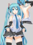  1girl aqua_eyes aqua_hair arms_up backless_outfit detached_sleeves hatsune_miku headphones highres long_hair moeufocatcher nail_polish necktie skirt solo thigh-highs twintails very_long_hair vocaloid 