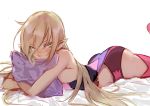  1girl ass bare_shoulders blonde_hair blush breasts elf freckles green_eyes long_hair lying magilou_(tales) on_stomach pillow pink_legwear pointy_ears solo tales_of_(series) tales_of_berseria thigh-highs tusia 