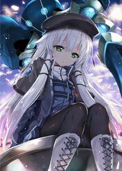  1girl altina_orion beret black_legwear boots cross-laced_footwear eiyuu_densetsu green_eyes hair_ribbon hat highres kibasuke long_hair pantyhose ribbon sen_no_kiseki sen_no_kiseki_3 sitting white_hair 