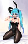  1girl :d animal_ears arm_behind_back arm_up bangs bare_arms bare_shoulders bed_sheet black_bow black_bowtie black_hairband black_legwear black_leotard black_shoes blue_eyes blue_hair blush bow bowtie breasts bunny_girl bunnysuit cleavage cloel collarbone commentary_request covered_navel detached_collar eyebrows_visible_through_hair fake_animal_ears foreshortening full_body gradient gradient_background hair_bow hairband hatsune_miku highres kneeling leotard long_hair looking_at_viewer medium_breasts open_mouth pantyhose rabbit_ears shoes skin_tight smile solo strapless strapless_leotard twintails very_long_hair vocaloid wrist_cuffs 