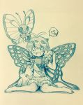  1girl ^_^ antennae arinu barefoot blush butterfly_wings butterfree caterpie closed_eyes dress eternity_larva heart highres insect_girl leaf leaf_on_head metapod on_shoulder pokemon pokemon_(creature) short_sleeves sitting spoken_heart touhou traditional_media wariza wings 