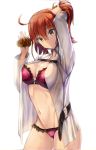  1girl ahoge arm_up armadillo-tokage backlighting bangs bra breasts brown_eyes cowboy_shot eyebrows_visible_through_hair fate/grand_order fate_(series) frilled_panties frills fujimaru_ritsuka_(female) hair_between_eyes hair_ornament hair_scrunchie hand_up highres large_breasts looking_at_viewer open_clothes open_shirt panties parted_lips polka_dot polka_dot_panties purple_bra purple_panties redhead scrunchie shirt simple_background solo thighs tying_hair underwear wet white_background 