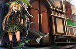  1girl bangs black_boots blonde_hair boots closed_mouth day eruthika eyebrows_visible_through_hair green_eyes green_skirt highres holding holding_bow_(weapon) holding_weapon knee_boots legs_apart long_hair long_sleeves looking_at_viewer one_side_up outdoors pointy_ears sennen_sensou_aigis sidelocks skirt smile solo spica_(sennen_sensou_aigis) standing thighs weapon 