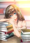  1girl bare_shoulders blue_eyes blush book breasts brown_hair cleavage hairband highres idolmaster idolmaster_cinderella_girls jewelry long_hair looking_at_viewer medium_breasts necklace off-shoulder_sweater pendant ribbed_sweater sagisawa_fumika sheepd smile solo sweater 