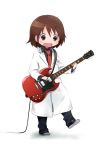  1girl alternate_costume blush brown_eyes brown_hair eyebrows_visible_through_hair guitar holding_instrument id_card instrument kill_me_baby labcoat looking_away looking_down necktie okayparium open_mouth oribe_yasuna plectrum red_necktie short_hair smile solo transparent_background 