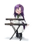  1girl blush converse eyebrows_visible_through_hair glasses goshiki_agiri green_necktie instrument keyboard_(instrument) kill_me_baby labcoat long_hair looking_at_viewer necktie okayparium open_mouth purple_hair shoes smile sneakers solo transparent_background 
