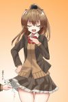  10s 2girls brown_hair brown_skirt cardigan closed_eyes cowboy_shot gradient gradient_background hand_on_own_chest high_ponytail kantai_collection kumano_(kantai_collection) kuronaga long_hair multiple_girls orange_background panties pleated_skirt ponytail remodel_(kantai_collection) school_uniform side-tie_panties skirt solo_focus standing suzuya_(kantai_collection) translation_request underwear 