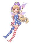  1girl acidear alternate_legwear american_flag_dress american_flag_legwear blonde_hair clownpiece dress fire full_body hat highres jester_cap long_hair looking_at_viewer neck_ruff open_mouth polka_dot short_dress short_sleeves smile solo star star_print striped thigh-highs torch touhou very_long_hair 