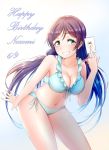  1girl aqua_bikini bikini breasts card character_name cleavage cowboy_shot dated frilled_bikini frills front-tie_top green_eyes grin happy_birthday highres leaning_forward long_hair looking_at_viewer love_live! love_live!_school_idol_project medium_breasts navel purple_hair rama_(yu-light8) scrunchie side-tie_bikini smile solo standing swimsuit toujou_nozomi twintails 