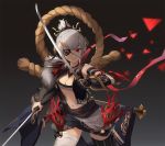  1girl arm_guards bandage bandaged_leg bangs breasts cleavage cowboy_shot dual_wielding eruthika eyepatch grey_hair holding holding_sword holding_weapon horns legs_apart looking_at_viewer medium_breasts navel original parted_lips ponytail red_eyes sash sidelocks solo sword thigh-highs vest weapon 