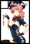  1girl armlet artist_name bangs belt belt_buckle black_border black_legwear blue_hat blush border breasts buckle cleavage commentary_request cowboy_shot cuffs earrings eyebrows_visible_through_hair fingernails garter_straps hand_on_hip handcuffs hat head_tilt holding idolmaster idolmaster_cinderella_girls jewelry jougasaki_mika long_fingernails long_hair looking_at_viewer low_twintails medium_breasts mini_necktie nail_polish necktie one_eye_closed orange_maru parted_lips pink_hair pink_nails police police_hat police_uniform policewoman red_necktie shiny shiny_skin short_sleeves simple_background smile solo spiked_armlet spikes stud_earrings thigh-highs tsurime twintails uniform white_background yellow_eyes 