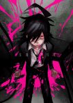  1boy absurdres ahoge black_hair blood dangan_ronpa dangan_ronpa_gaiden:_killer_killer from_above hair_over_one_eye highres hijirihara_takumi knife looking_at_viewer loose_necktie male_focus necktie official_art open_collar pink_blood red_eyes sanpaku sasami_(ki) short_hair shower_(place) sitting solo watermark 