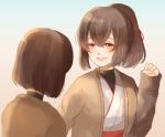 10s 2girls blush brown_eyes brown_hair clenched_hand gradient gradient_background hair_ribbon hyuuga_(kantai_collection) ise_(kantai_collection) kantai_collection looking_at_another multiple_girls nontraditional_miko ponytail ribbon short_hair sleeves_past_wrists smile sweater undershirt yuzu_ yuzu_(kimagure_kankitsurui) 