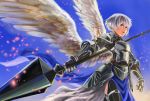  1girl abs_(ebisuzc94rghw) armor black_legwear blue_eyes cowboy_shot day embers feathers gauntlets holding holding_weapon lance looking_to_the_side open_mouth original pelvic_curtain polearm short_hair sky solo thigh-highs weapon white_hair wings year_of_the_rooster 
