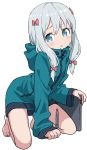  1girl :o absurdres aqua_jacket bangs bare_legs barefoot blue_eyes bow commentary_request eromanga_sensei full_body hair_bow highres holding hood hood_down hooded_track_jacket izumi_sagiri jacket kneeling legs_apart looking_at_viewer no_pants parted_lips red_bow short_hair_with_long_locks silver_hair simple_background solo stylus tablet tareme track_jacket white_background yamamoto_souichirou zipper 