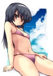  1girl bikini black_hair breasts brown_eyes cleavage girls_und_panzer hairband long_hair looking_at_viewer navel reizei_mako shinshin sitting small_breasts solo striped striped_bikini swimsuit 