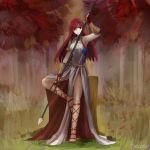  1girl arm_guards autumn_leaves chocojax fingerless_gloves full_body gloves long_hair original outdoors polearm red_eyes redhead sandals signature solo spear standing standing_on_one_leg weapon 