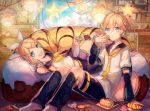  1boy 1girl :d ahoge arm_support black_legwear black_shorts blonde_hair blue_eyes collarbone couch detached_sleeves eating eyebrows_visible_through_hair food hair_between_eyes hair_ribbon holding holding_spoon indoors kagamine_len kagamine_rin leclle looking_at_viewer lying neckerchief necktie on_back open_mouth red_ribbon ribbon school_uniform serafuku shirt short_hair short_ponytail shorts siblings sitting sleeveless sleeveless_shirt smile star twins vocaloid white_ribbon white_shirt yellow_neckerchief yellow_necktie 