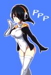  black_hair blue_background chestnut_mouth covered_navel emperor_penguin_(kemono_friends) hair_over_one_eye headphones highleg highleg_leotard highres hood hooded_jacket jacket kemono_friends leotard looking_at_viewer multicolored_hair orange_hair simple_background thigh-highs violet_eyes white_legwear white_leotard zatou_(kirsakizato) 