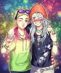  2boys beanie blonde_hair blue_eyes christophe_giacometti green_eyes grin hat hood hoodie jewelry long_hair male_focus multiple_boys necklace one_eye_closed ring silver_hair smile sunglasses sunglasses_on_head teenage twitter_username v viktor_nikiforov whitemop_jog younger yuri!!!_on_ice 