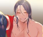  1boy against_fourth_wall black_hair blood blood_on_face gradient gradient_background grey_background hair_down hannyag heavy_breathing injury jirou_tachi long_hair male_focus nipples pectorals pov scar signature simple_background smile solo sweat touken_ranbu upper_body yellow_eyes 