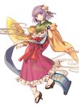  1girl elise_(piclic) eyebrows_visible_through_hair flower hair_flower hair_ornament hieda_no_akyuu highres holding_scroll looking_at_viewer phonograph purple_hair sandals simple_background solo thigh-highs touhou violet_eyes white_background white_legwear 
