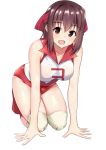  1girl bangs bare_shoulders breasts brown_eyes brown_hair girls_und_panzer headband knee_pads kneeling kondou_taeko looking_at_viewer medium_breasts open_mouth red_headband red_legwear red_shirt red_shorts sakimaru shirt short_hair short_shorts shorts sleeveless sleeveless_shirt smile socks solo sportswear volleyball_uniform 