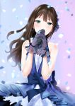  1girl bangs bare_shoulders black_bow blue_bow blue_dress blush bow breasts brown_hair confetti covered_mouth cowboy_shot dress earrings floral_print flower furururu gloves gradient gradient_background green_eyes hair_bow hair_flower hair_ornament hands_together highres holding holding_microphone idolmaster idolmaster_cinderella_girls idolmaster_cinderella_girls_starlight_stage jewelry long_hair looking_at_viewer microphone necklace sash see-through shibuya_rin sleeveless sleeveless_dress small_breasts solo standing 