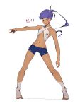  1girl alternate_costume bare_shoulders bike_shorts commentary_request dark_skin facial_mark fate/grand_order fate_(series) full_body highres long_hair looking_at_viewer midriff navel nitocris_(fate/grand_order) open_mouth ponytail purple_hair smile solo standing toes violet_eyes white_background zikataro 