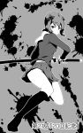  1girl amami_haruka comic drawing_sword greyscale hair_ribbon holding holding_weapon idolmaster katana kneehighs looking_at_viewer monochrome nameta_neko pleated_skirt ribbon school_uniform serafuku short_hair skirt splatter sword weapon 