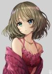  1girl :o bangs bare_shoulders blue_eyes blunt_bangs blush breasts cleavage collarbone commentary_request dress eyebrows_visible_through_hair gambe_(seelunto) green_eyes green_hair grey_background heterochromia idolmaster idolmaster_cinderella_girls jacket jewelry looking_at_viewer medium_breasts mole mole_under_eye necklace off_shoulder open_clothes open_jacket parted_lips red_dress red_jacket short_hair simple_background sleeveless sleeveless_dress solo strap_slip takagaki_kaede upper_body 