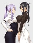  &gt;:( 2girls arched_back asymmetrical_docking bangle black_hair black_shirt blue_skirt bouncing_breasts bracelet breast_contest breast_envy breast_press breasts closed_mouth collared_shirt commentary cowboy_shot elf elf_(houtengeki) eye_contact from_side grey_background hair_ribbon hand_on_hip high-waist_skirt houtengeki jewelry large_breasts long_sleeves looking_at_another medium_breasts multiple_girls original pink_eyes pink_hair pointy_ears ponytail profile ribbon shiny shiny_hair shirt sidelocks simple_background skirt standing translated twintails v_arms white_ribbon white_shirt white_skirt wing_collar yellow_eyes 