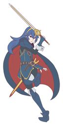  armor blue_hair cape fire_emblem fire_emblem:_kakusei highres holding holding_sword holding_weapon looking_at_viewer lucina simple_background sword weapon white_background 