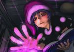  1girl artist_name book doremy_sweet gengoroumaru_(ambidextrous) glowing hair_between_eyes hat looking_at_viewer nightcap pom_pom_(clothes) short_hair short_sleeves solo touhou 