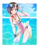  1girl bead_bracelet bead_necklace beads bikini blue_sky bracelet breasts brown_eyes brown_hair chanel cleavage clouds coco_adel highlights iesupa jewelry looking_at_viewer medium_breasts multicolored_hair navel necklace nose rwby sarong see-through short_hair sky smile solo sparkle standing sunglasses sunglasses_on_head swimsuit water wet wristband 