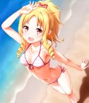  1girl :d arm_up bare_shoulders beach bikini blonde_hair blush bow breasts day drill_hair drill_locks eromanga_sensei eromanga_sensei\r\n faubynet full_body groin hair_bow highres hips long_hair looking_at_viewer medium_breasts navel open_mouth outdoors ponytail red_eyes shadow smile solo standing striped striped_bikini swimsuit under_boob yamada_elf 