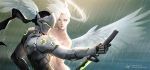  1boy 1girl angel_wings backlighting blue_eyes clothed_male_nude_female commentary cyborg genji_(overwatch) halo katana leirix lips mercy_(overwatch) neon_trim nude overwatch power_armor rain reverse_grip sword visor weapon white_hair white_wings wings 