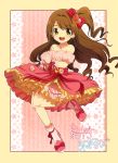  1girl alternate_costume brown_eyes brown_hair commentary_request dress earrings full_body gloves graphite_(medium) hair_ornament half_updo hand_holding highres idolmaster idolmaster_cinderella_girls idolmaster_cinderella_girls_starlight_stage jewelry long_hair off-shoulder_dress off_shoulder one_side_up open_mouth shimamura_uzuki side_ponytail smile traditional_media tsubasa_(20tb_puri) 