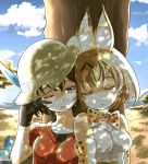  2girls animal_ears bare_shoulders black_hair blonde_hair bow bowtie brown_eyes closed_eyes commentary elbow_gloves gloves hat hat_feather highres kaban_(kemono_friends) kemono_friends leaning_on_person lucky_beast_(kemono_friends) multiple_girls one_eye_closed open_mouth rubbing_eyes serval_(kemono_friends) serval_ears serval_print shade short_hair sleeping zatou_(kirsakizato) 
