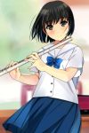  1girl bangs black_hair blue_bow blue_bowtie blue_skirt blurry blurry_background blush bow bowtie buttons closed_mouth cowboy_shot eyebrows_visible_through_hair flute green_eyes highres holding instrument instrument_case looking_at_viewer matsunaga_kouyou original school_uniform serafuku shiny shiny_skin shirt short_sleeves skirt smile solo standing table tareme white_shirt 