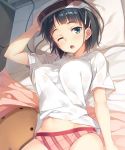  1girl ;o arm_at_side arm_up bed bed_sheet black_hair breasts cable commentary_request cowboy_shot day green_eyes hair_ornament hairclip indoors kirigaya_suguha looking_at_viewer looking_up lying medium_breasts no_pants on_back on_bed one_eye_closed open_mouth panties pillow red_panties see-through shirt short_hair short_sleeves solo striped striped_panties stuffed_animal stuffed_toy sunlight sword_art_online tareme underwear vr_visor white_shirt yuuki_hagure 
