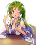  1girl aqua_bra bare_shoulders blush bra breasts cleavage detached_sleeves fanning_face frog_hair_ornament green_eyes green_hair hair_ornament hair_tubes hot kochiya_sanae large_breasts long_hair matsuda_(matsukichi) one_eye_closed open_mouth simple_background snake_hair_ornament solo strap_slip sweat table touhou underwear upper_body 