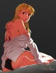  1girl artist_name ass back_tattoo backlighting barefoot black_panties blonde_hair dutch_angle earrings feet feguimel folded_leg from_behind fullmetal_alchemist jewelry lips long_hair long_sleeves looking_back no_pants off_shoulder panties riza_hawkeye simple_background sleeves_past_wrists soles solo tattoo underwear 